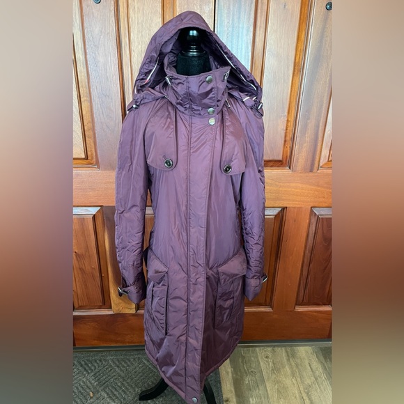 Burberry Brit Jacket Women Sz 10 Plum Purple Hooded Rain Coat Nova